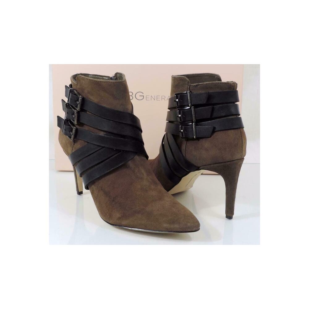 BCBG BCBGeneration ZING Contrast Straps Pointed Toe Boot Dark Olive Black Size 8